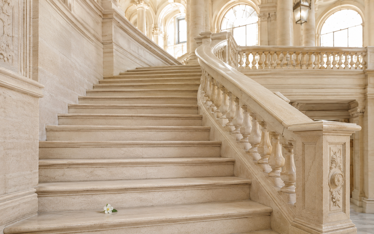 Ivory architectural steps and a lemon blossom arranged in dramatic editorial light to represent structured growth
