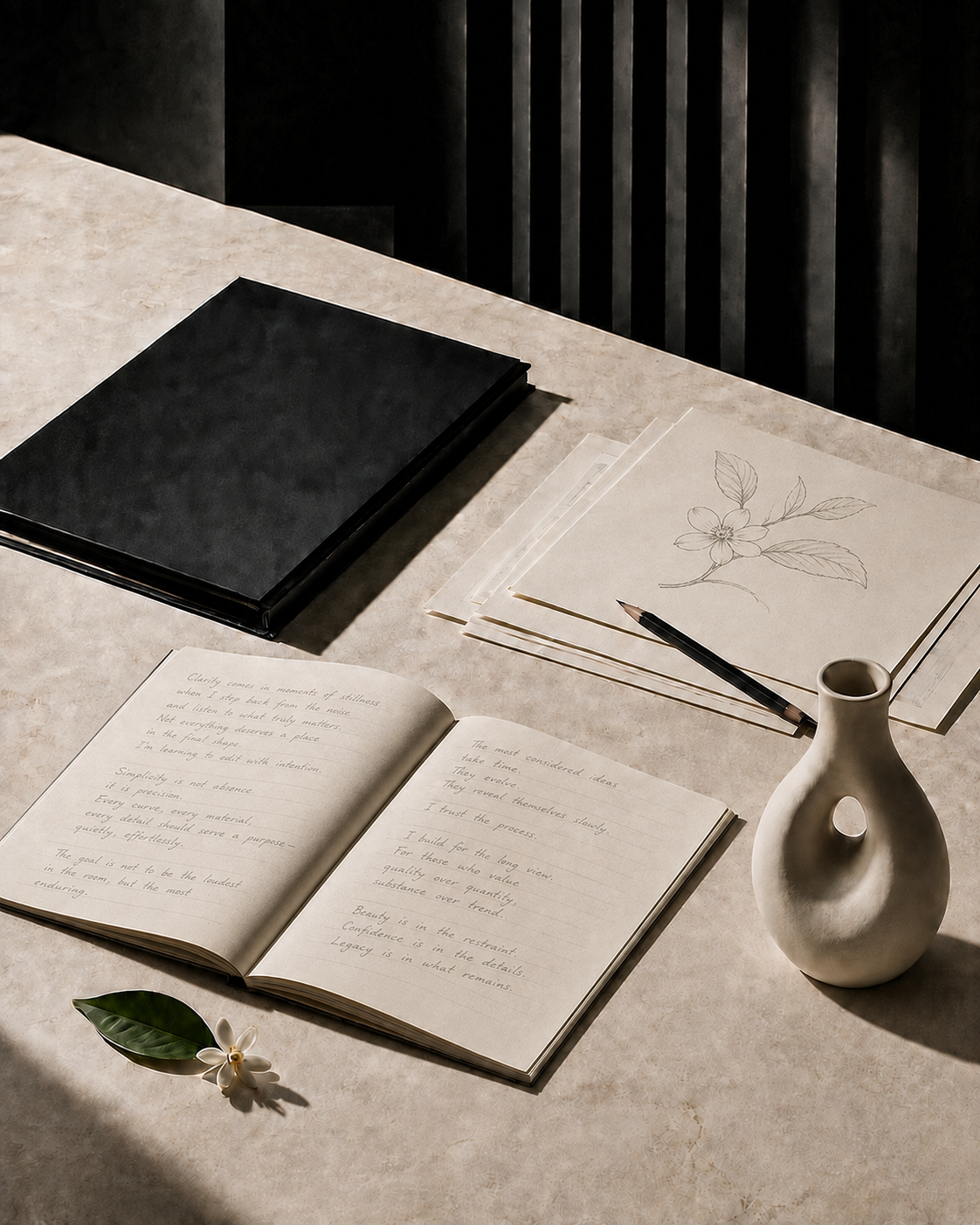 A sculptural ivory vase, an open journal with neatly handwritten notes, a black pencil and a blossom sketch arranged on an ivory workspace